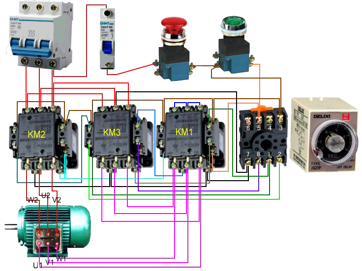 星形-三角形減壓起動實(shí)物接線示意圖