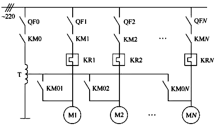 PLC自耦變壓器控制多臺電動(dòng)機(jī)主電路圖