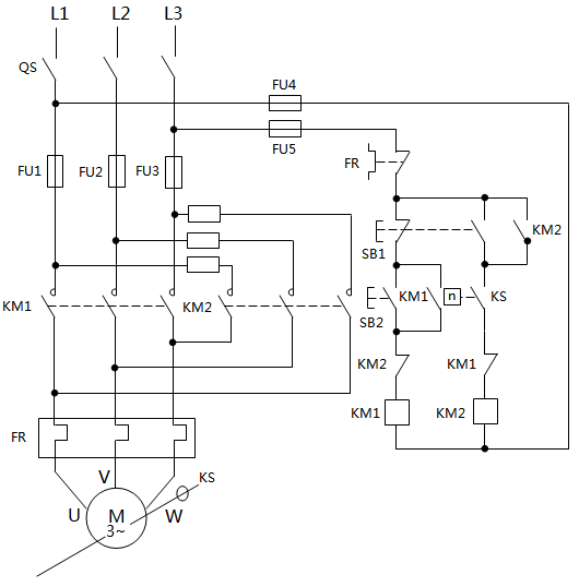 單向運轉(zhuǎn)電動機的電源反接制動控制電路