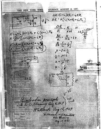 Black負反饋放大器的靈感來自于上班途中的靈光一現，只能將其記錄在手頭的紐約時報上