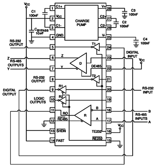 MAX3162在點對點應用中雙向轉換RS232和RS485信號